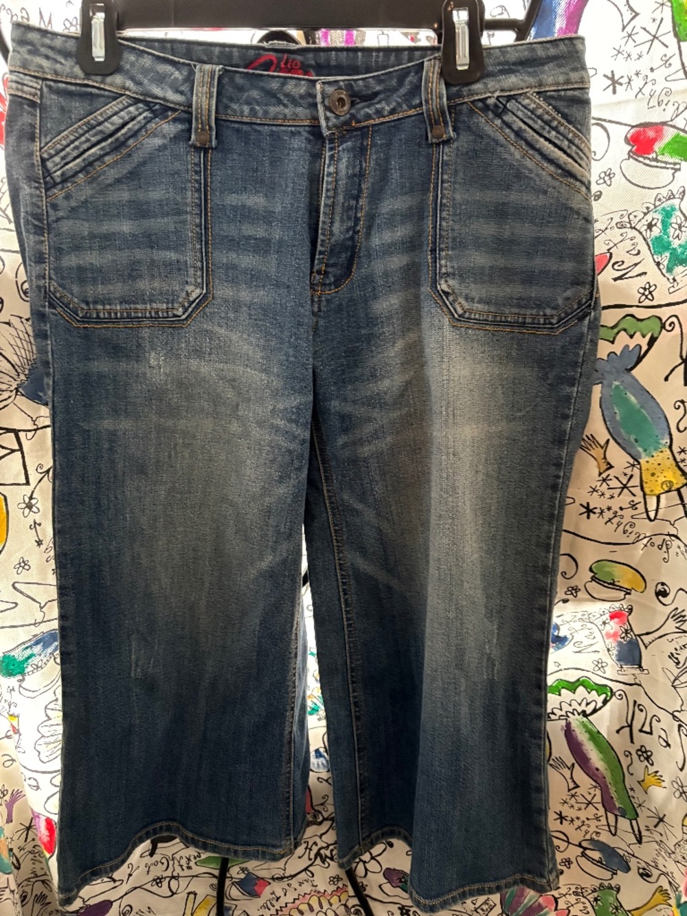 Vintage  distressed stretch cropped wide leg denim.